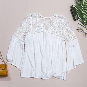 Womens Bell Sleeve V Neck Lace Crochet Shirts Button Down Casual Tunic Blouse